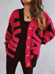 Contrast Button Up Long Sleeve Cardigan - Trendsi