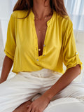 Half Button Notched Half Sleeve Blouse - Trendsi