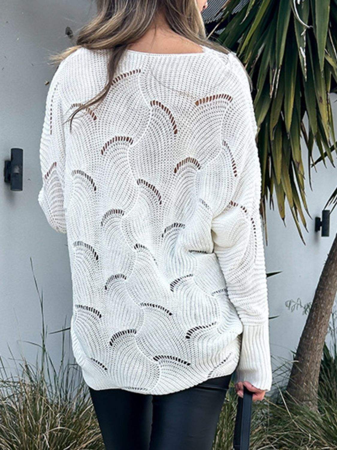 Lace Detail Openwork V-Neck Long Sleeve Sweater - Trendsi - Flyclothing LLC