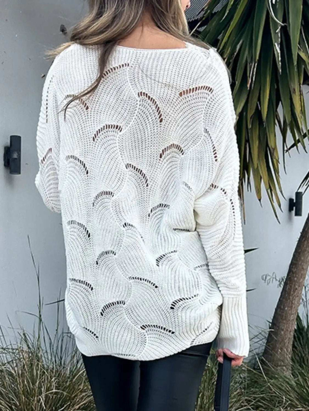 Lace Detail Openwork V-Neck Long Sleeve Sweater - Trendsi - Flyclothing LLC