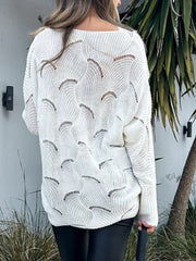 Lace Detail Openwork V-Neck Long Sleeve Sweater - Trendsi