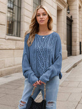 Round Neck Dropped Shoulder Long Sleeve Sweater - Trendsi - Flyclothing LLC