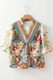 Multicolour Crochet V Neck Half Sleeve Boho Floral Blouse - Trendsi - Flyclothing LLC