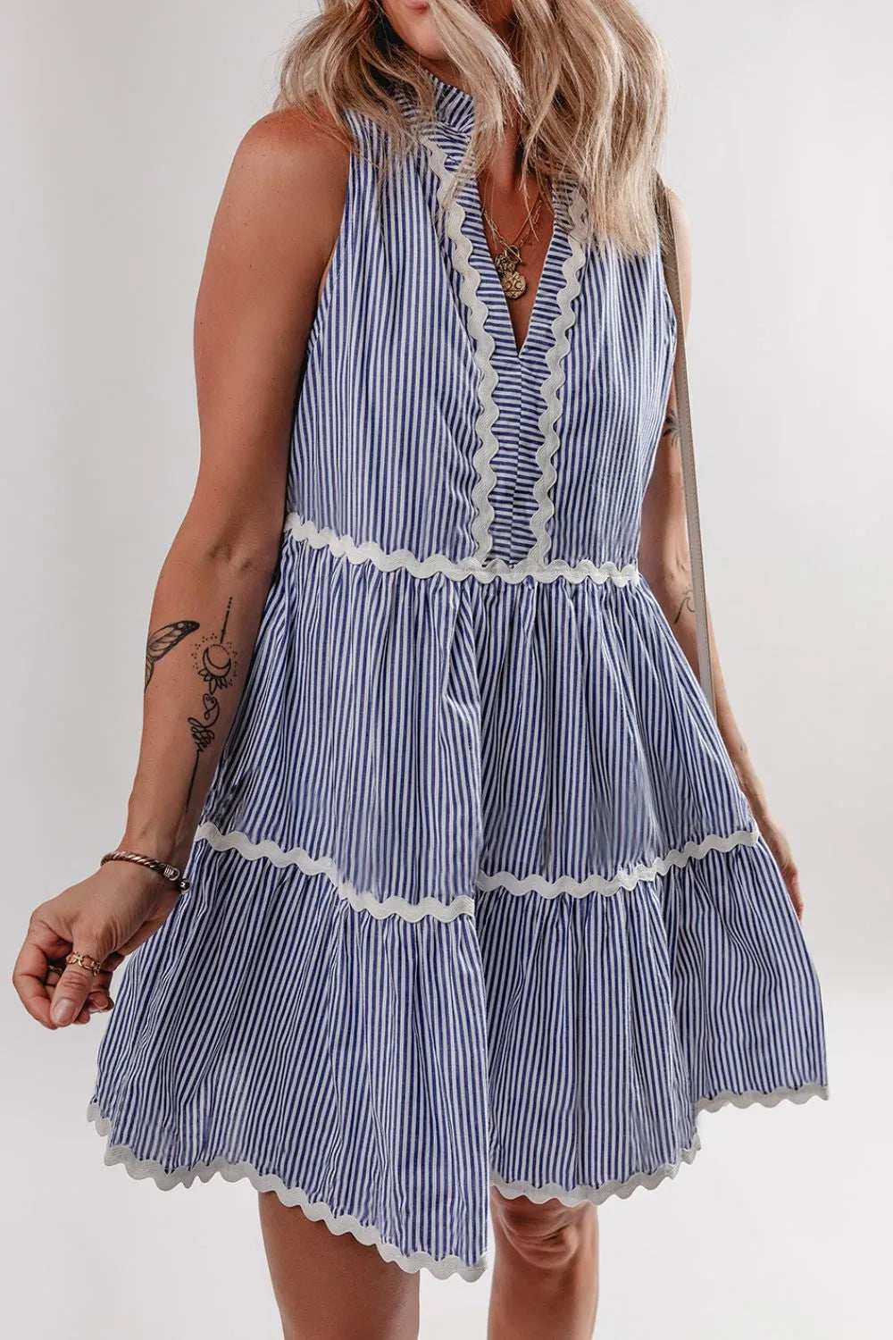 Stripe Sleeveless Notched Ric Rac Mini Dress - Trendsi - Flyclothing LLC