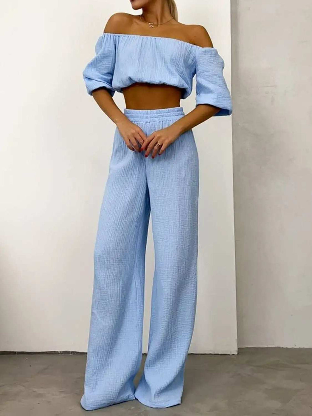Off Shoulder Long Sleeve Top and Pants Set - Trendsi - Flyclothing LLC