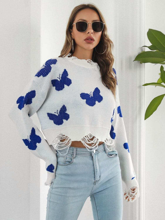 Distressed Butterfly Cropped Sweater - Trendsi - Flyclothing LLC
