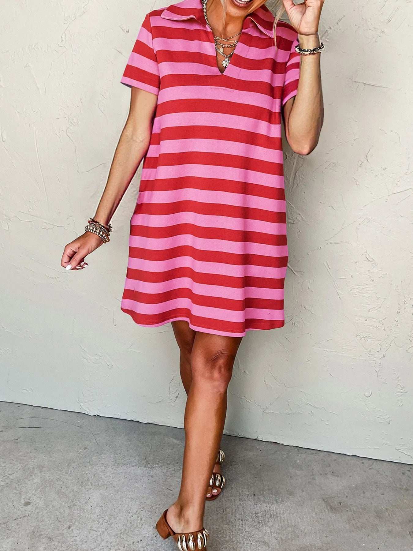 Striped Johnny Collar Short Sleeve Dress - Trendsi - Flyclothing LLC