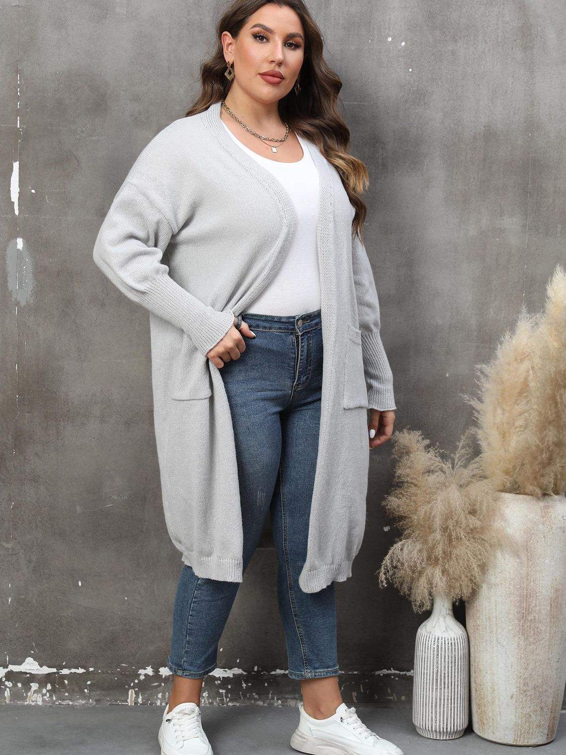 Plus Size Long Sleeve Pocketed Cardigan - Trendsi - Flyclothing LLC