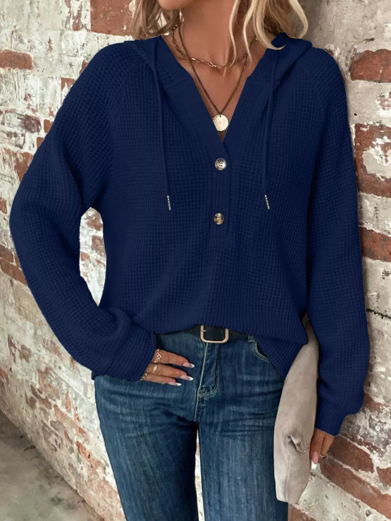 Waffle Knit Button Detail Hoodie - Trendsi - Flyclothing LLC