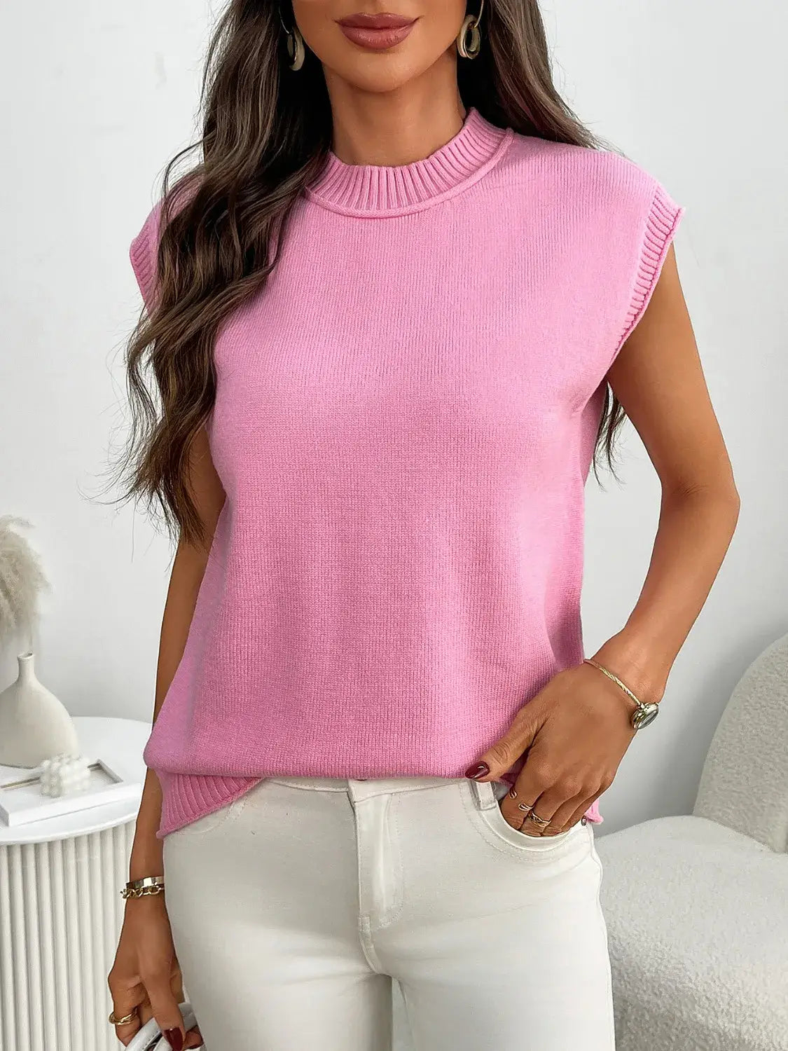 Mock Neck Cap Sleeve Knit Top - Trendsi - Flyclothing LLC