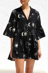 Ruched Printed Three-Quarter Sleeve Mini Dress - Trendsi - Flyclothing LLC