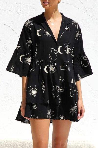 Ruched Printed Three-Quarter Sleeve Mini Dress - Trendsi - Flyclothing LLC