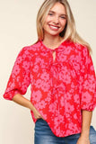 Haptics Full Size Ribbon Bow Floral Balloon Sleeve Blouse - Trendsi - Flyclothing LLC