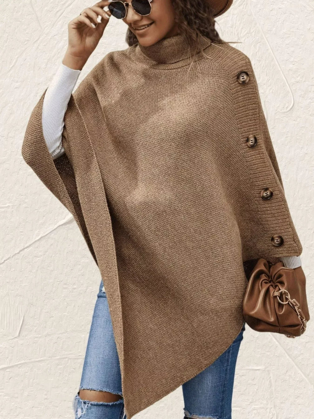 Button-Decor Turtleneck Poncho Pullover - Trendsi - Flyclothing LLC