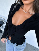 Ruffled Tie Front Flare Sleeve Shirt - Trendsi - Flyclothing LLC