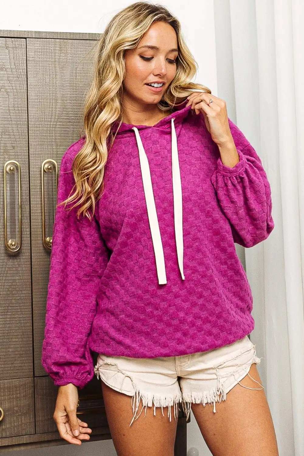 BiBi Brushed Checker Drawstring Long Sleeve Hoodie - Trendsi - Flyclothing LLC