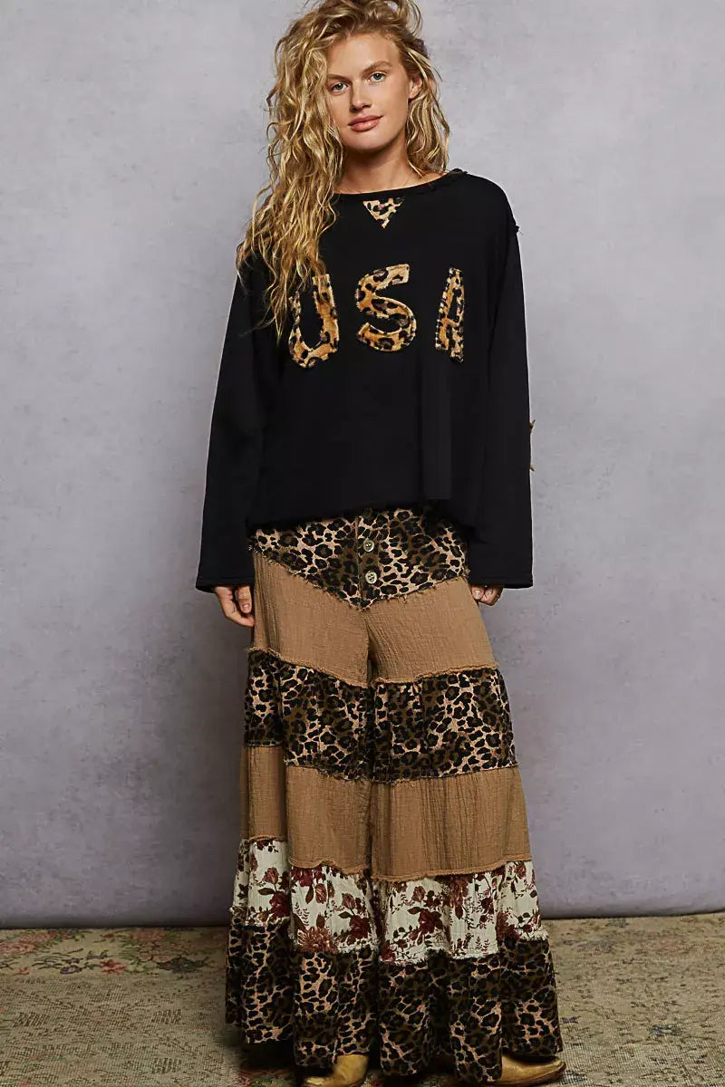 POL Round Neck Long Sleeve French Terry Sweatshirt with USA Letter Animal Patch - Trendsi - Flyclothing LLC