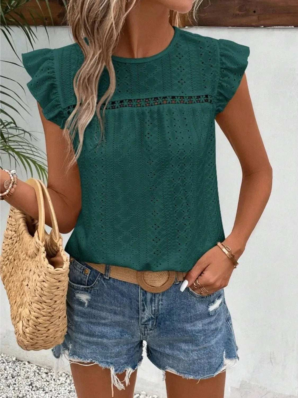 Eyelet Round Neck Cap Sleeve Top - Trendsi - Flyclothing LLC