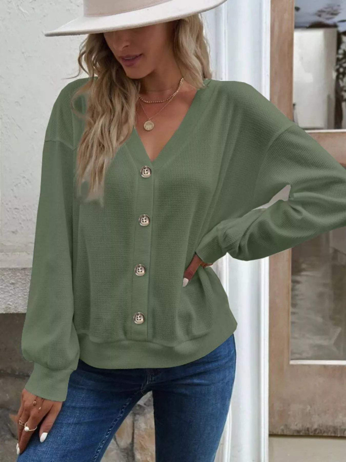 Casual V-Neck Waffle Long Sleeve Top - Trendsi - Flyclothing LLC