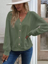 Casual V-Neck Waffle Long Sleeve Top - Trendsi - Flyclothing LLC