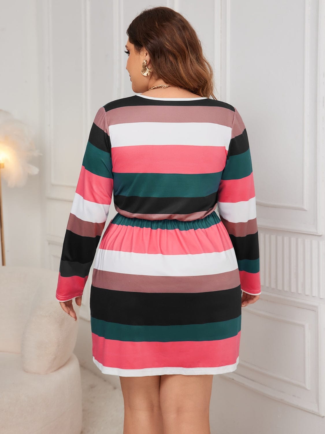 Plus Size Striped V-Neck Long Sleeve Mini Dress - Trendsi