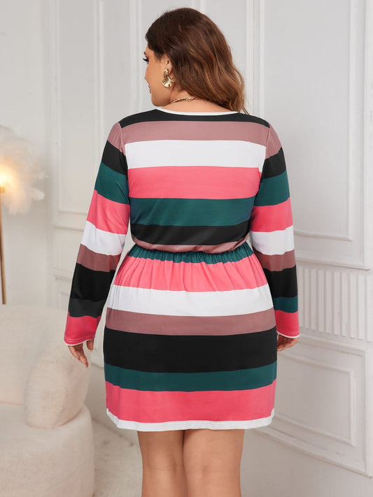 Plus Size Striped V-Neck Long Sleeve Mini Dress - Trendsi
