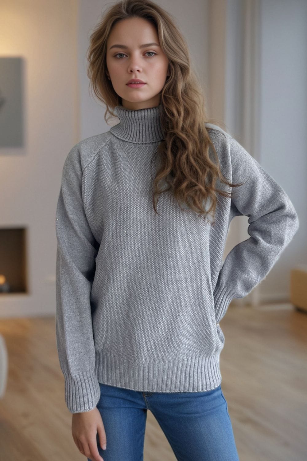 Ribbed Turtleneck Raglan Sleeve Sweater - Trendsi