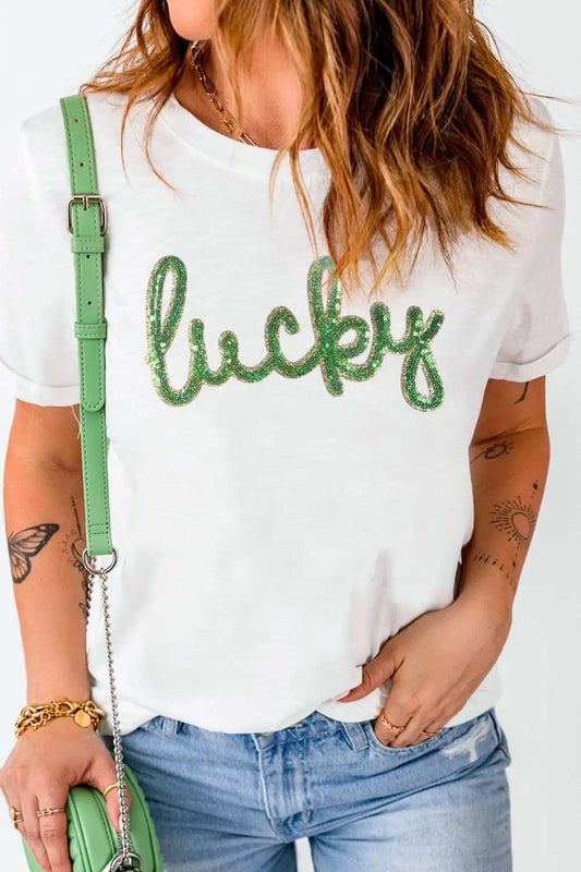 Sequined Lucky St.Patricks Day T-Shirt - Trendsi - Flyclothing LLC