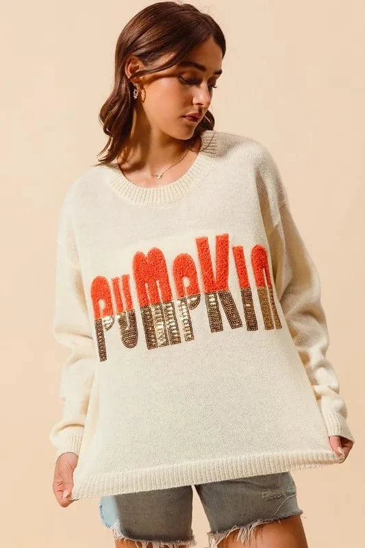 SO ME Contrast Sequin Pumpkin Slogan Sweater Top - Trendsi