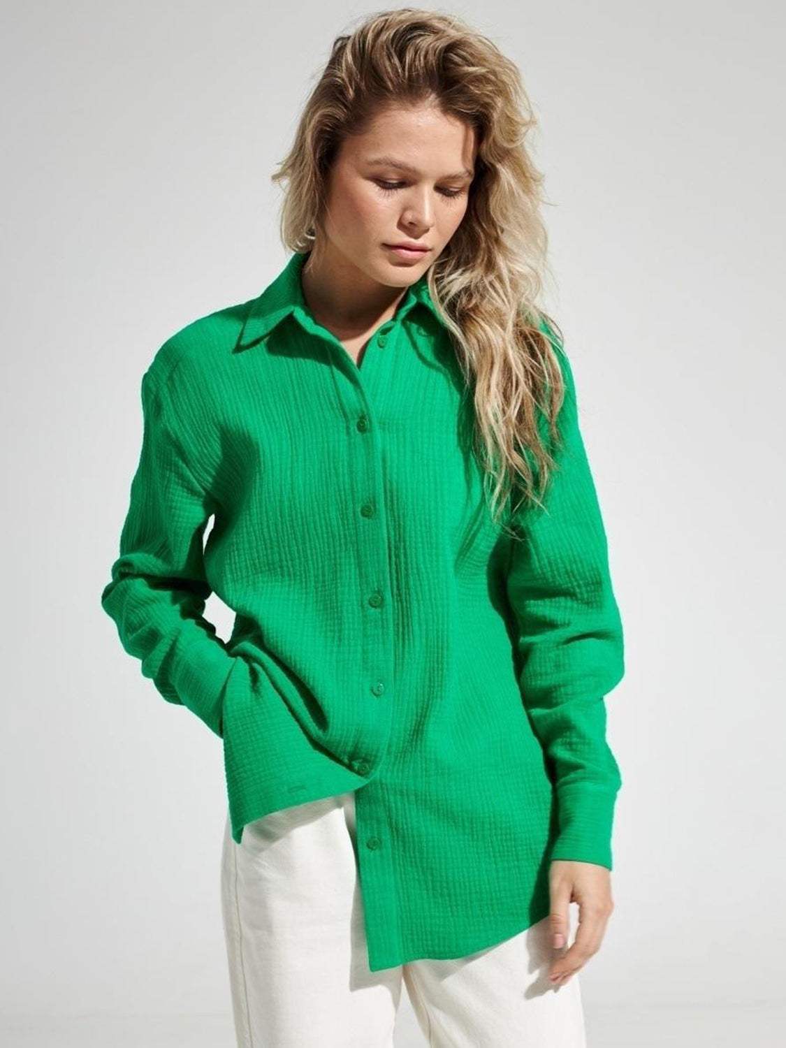 Textured Collared Neck Long Sleeve Shirt - Trendsi - Flyclothing LLC