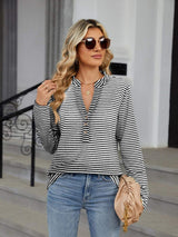 Striped Notched Long Sleeve T-Shirt - Trendsi - Flyclothing LLC