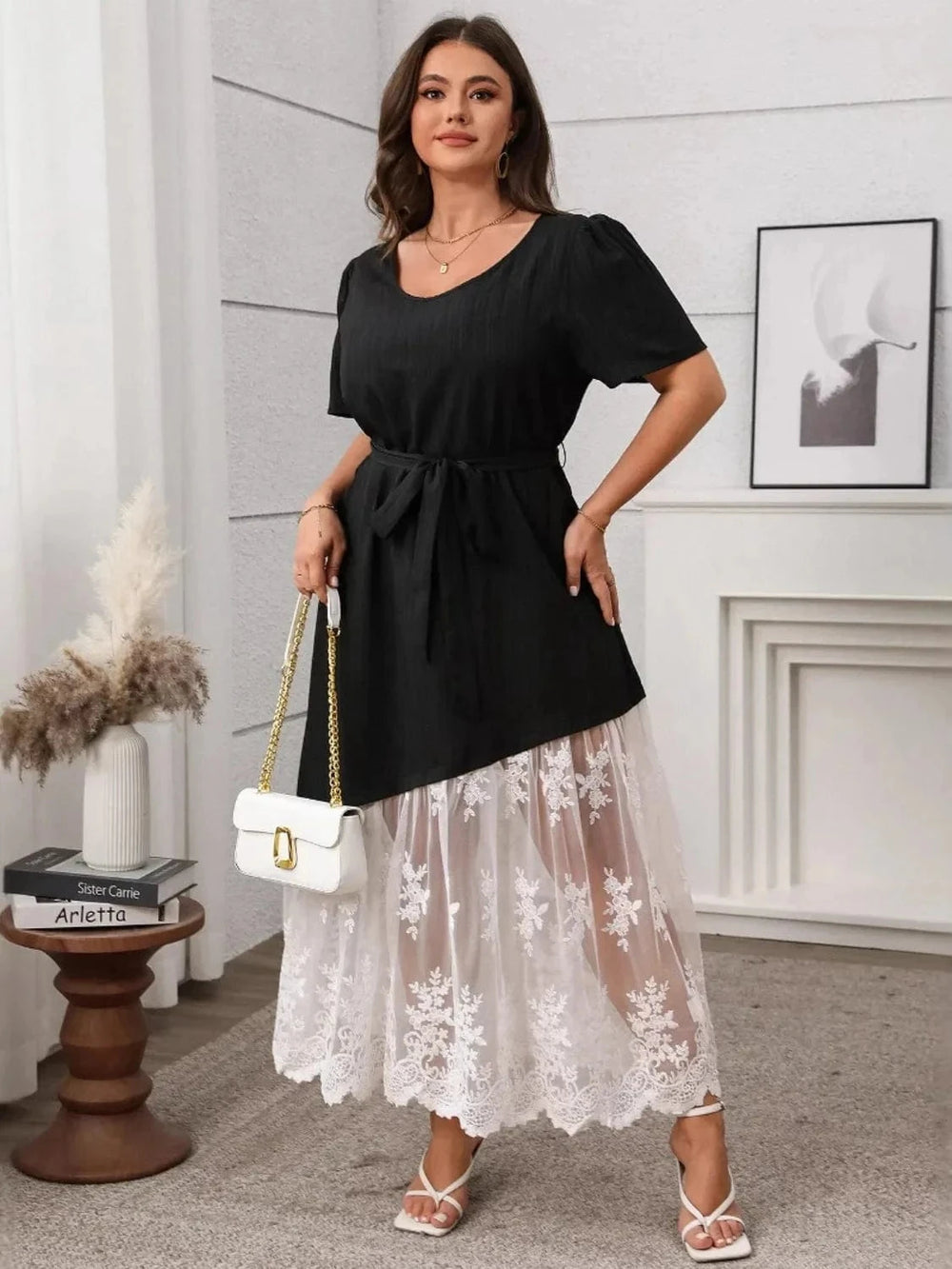 Plus Size Lace Patchwork Short Sleeve Maxi Dress - Trendsi