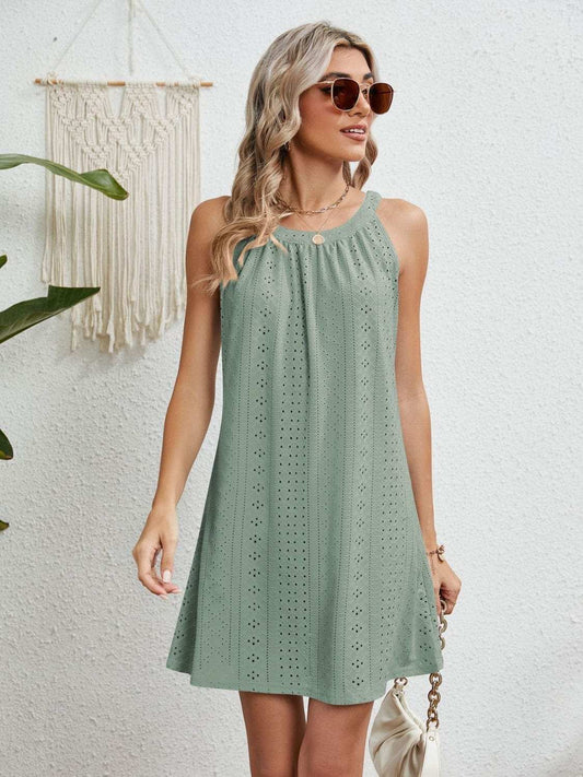 Eyelet Grecian Neck Mini Dress - Trendsi - Flyclothing LLC