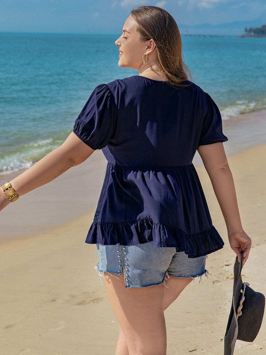 Plus Size Peplum V-Neck Short Sleeve Blouse - Trendsi - Flyclothing LLC