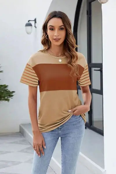 Color Block Round Neck Short Sleeve T-Shirt - Trendsi - Flyclothing LLC