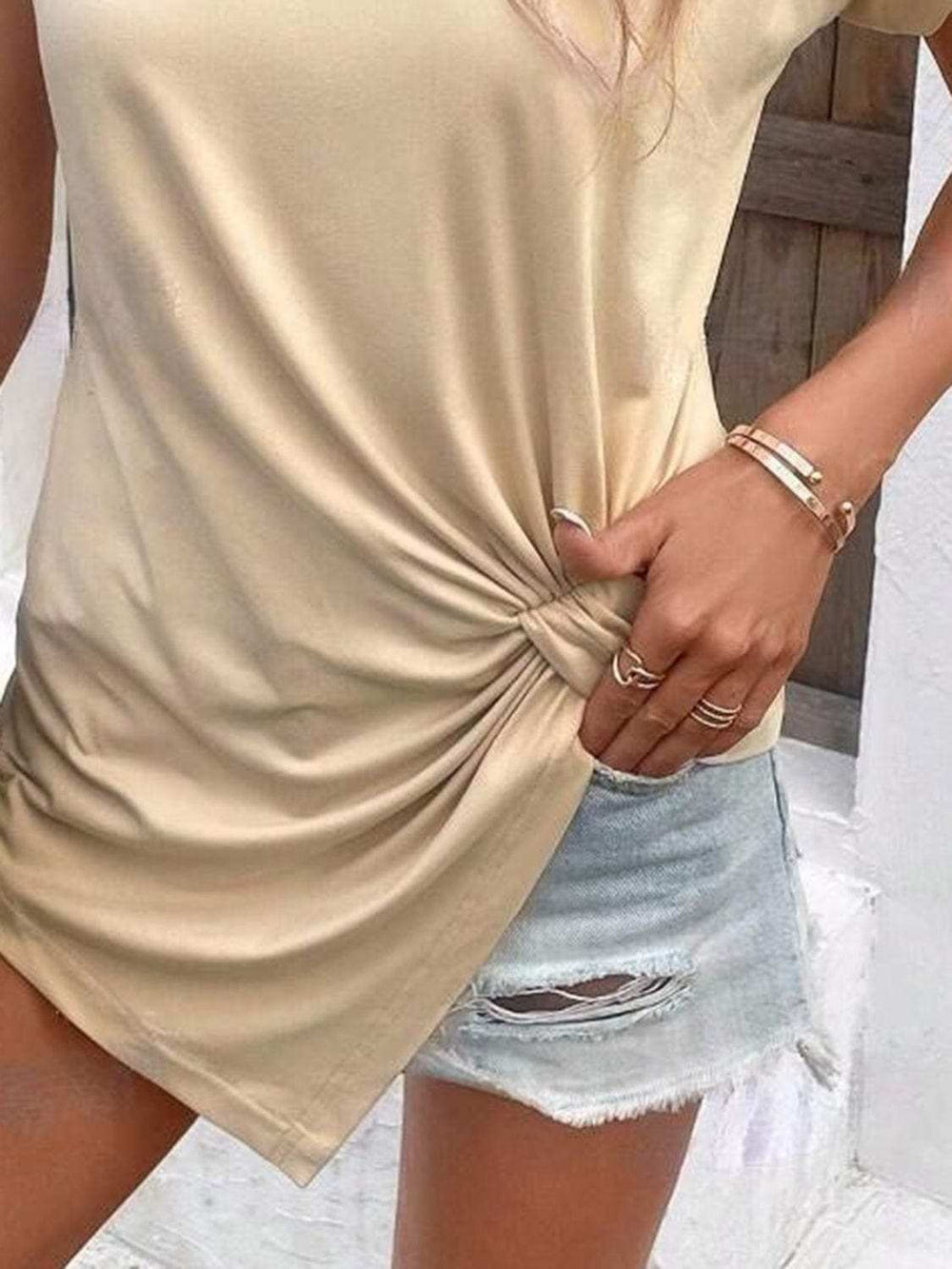 Asymmetric Hem Round Neck T-Shirt - Trendsi - Flyclothing LLC