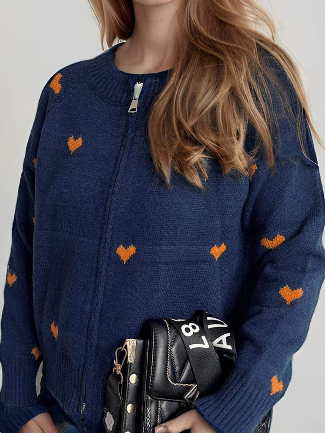 Heart Round Neck Zip Up Cardigan - Trendsi - Flyclothing LLC
