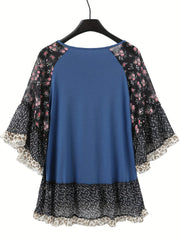 Full Size Frill Printed Round Neck Half Sleeve Blouse - Trendsi