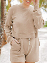 Ribbed Round Neck Long Sleeve Top and Shorts Set - Trendsi - Flyclothing LLC