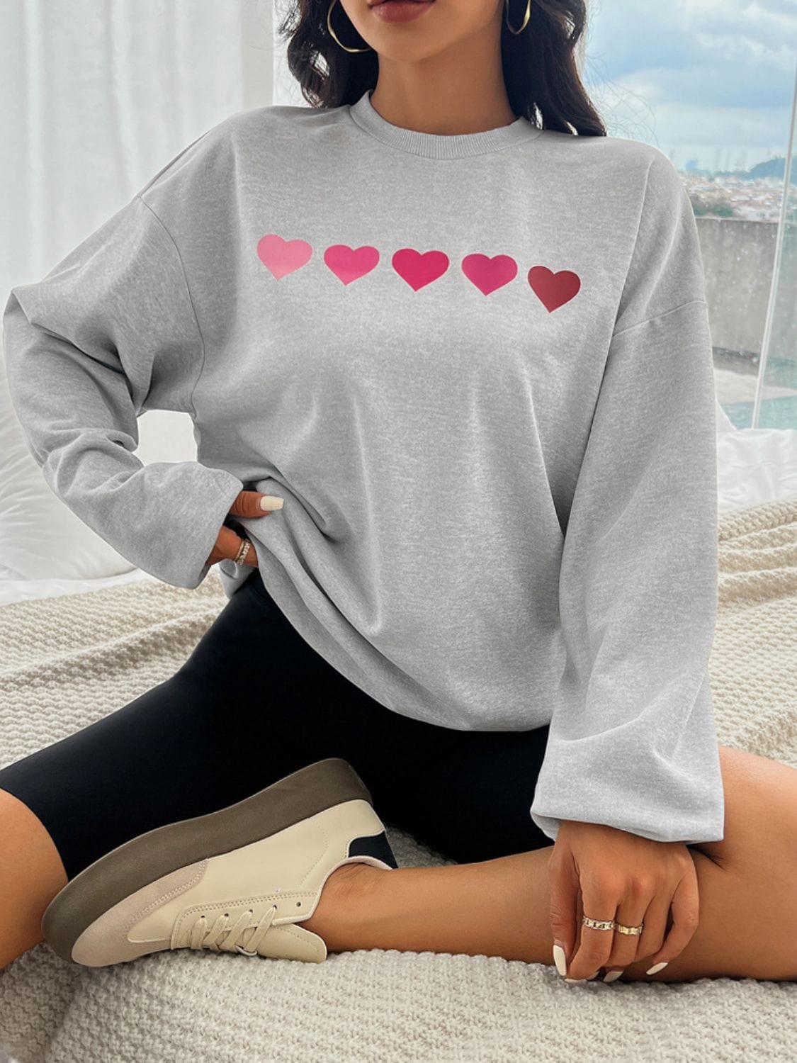 Devine Heart Dropped Shoulder Long Sleeve Sweatshirt - Trendsi