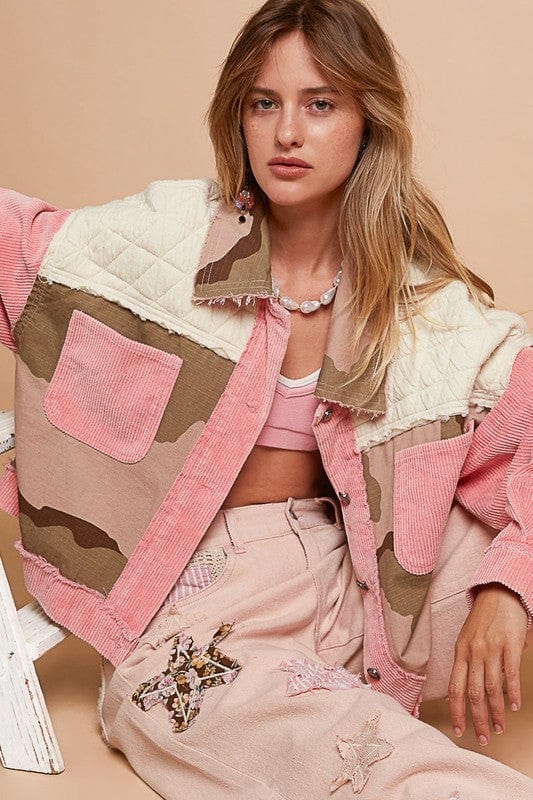 POL Corduroy Jacquard Patchwork Button Up Jacket - Trendsi