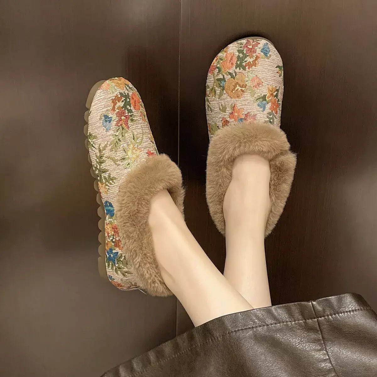 Floral Pattern Plush Lined Slip-Ons - Trendsi - Flyclothing LLC