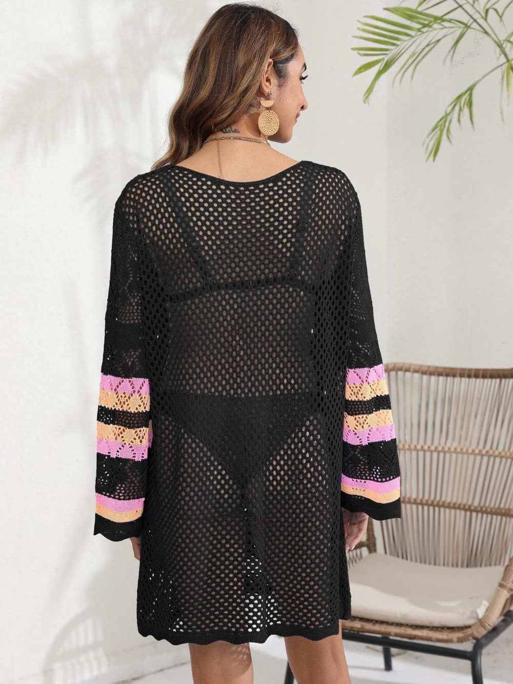 Openwork Contrast Long Sleeve Cover-Up - Trendsi - Flyclothing LLC