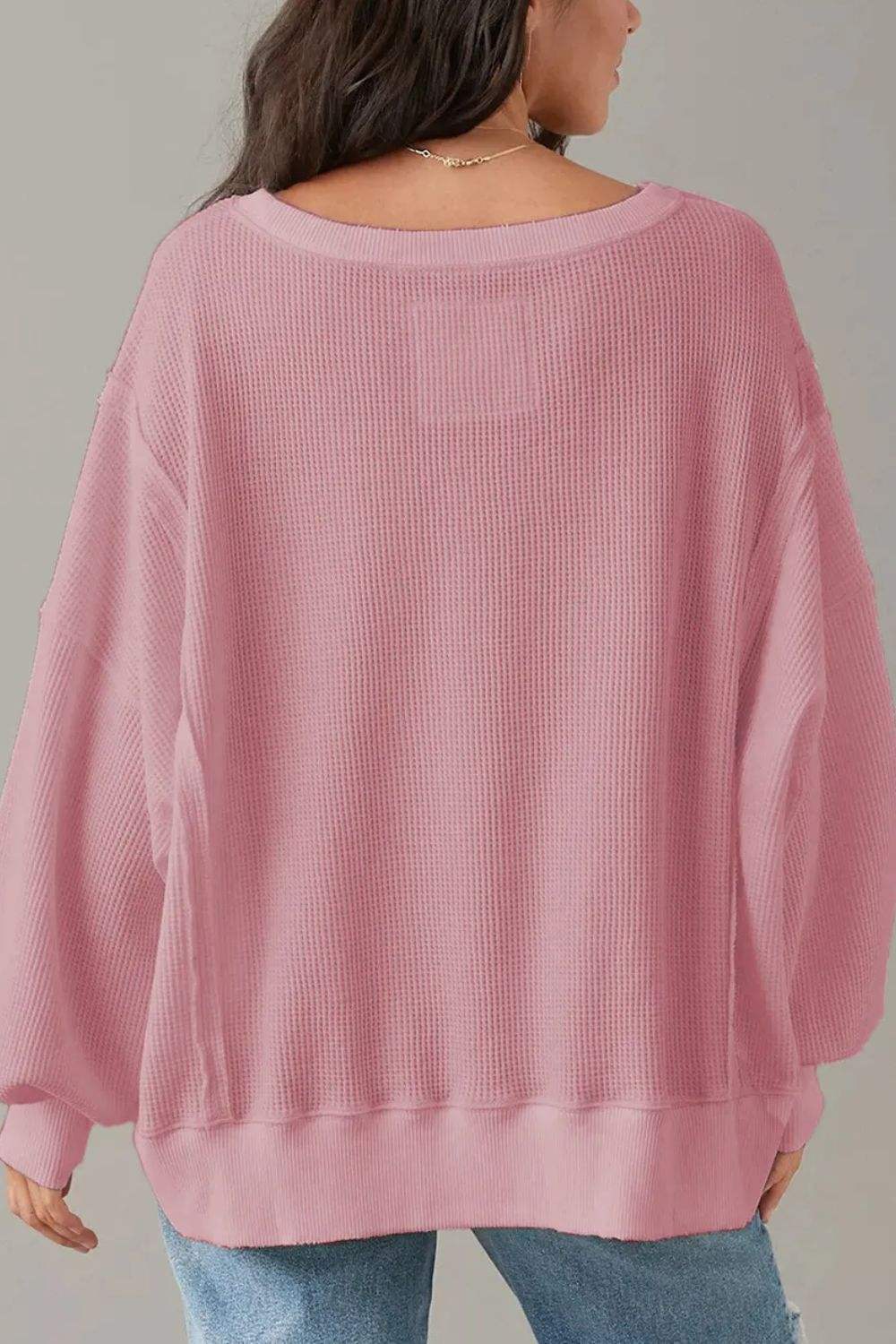 Slit Waffle-Knit Round Neck Long Sleeve Top - Trendsi - Flyclothing LLC