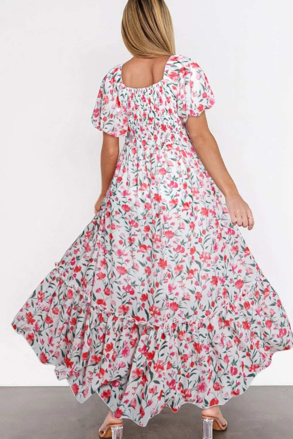 Floral Short Puff Sleeve Tiered Dress - Trendsi - Flyclothing LLC