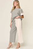 Double Take Full Size Texture Contrast T-Shirt and Wide Leg Pants Set - Trendsi - Flyclothing LLC
