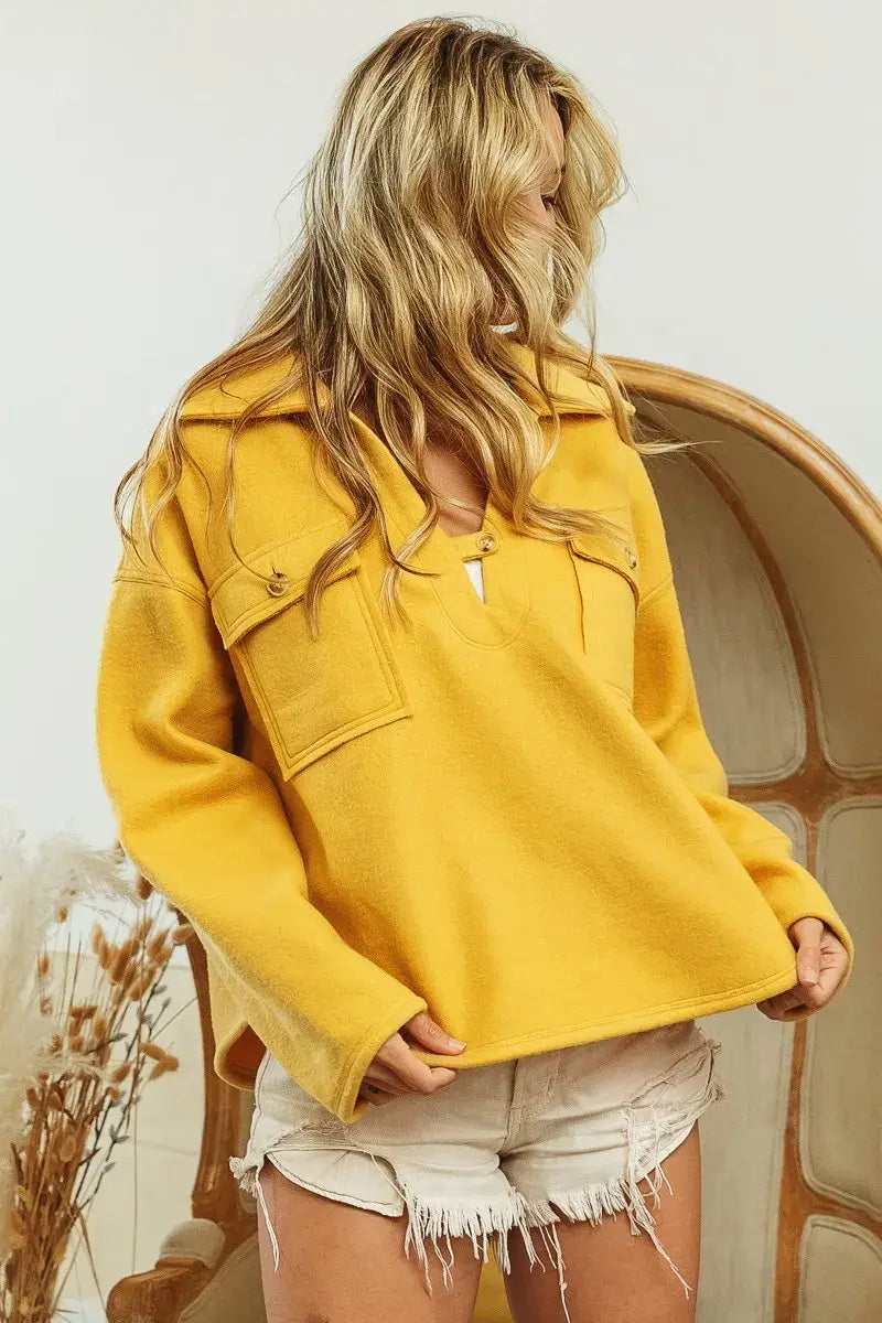 BiBi Flap Pockets Fleece Collared Sweatshirt - Trendsi - Flyclothing LLC