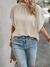 Swiss Dot Mock Neck Half Sleeve Blouse - Trendsi - Flyclothing LLC