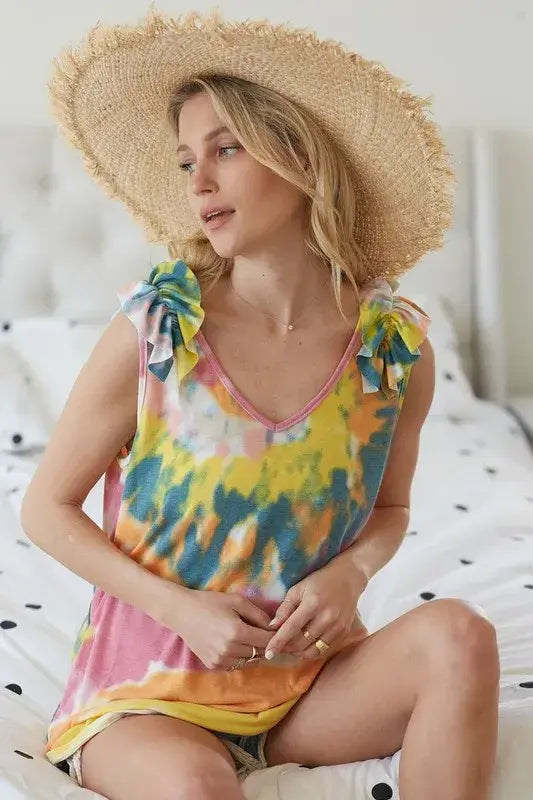 BiBi Circular Tie Dye Knit V Neck Top With Ruffle - Trendsi - Flyclothing LLC