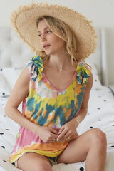 BiBi Circular Tie Dye Knit V Neck Top With Ruffle - Trendsi - Flyclothing LLC
